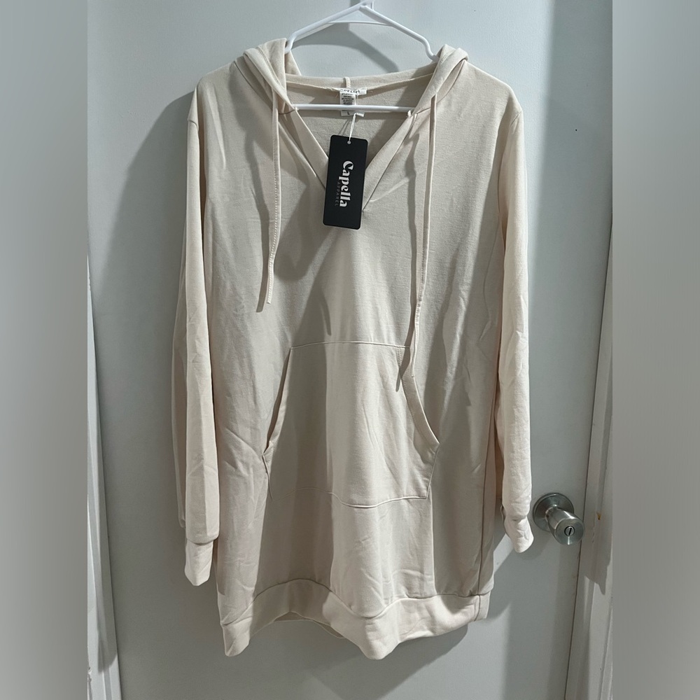 Capella French Terry Hoodie Mini Dress, cream colored, size large, new!